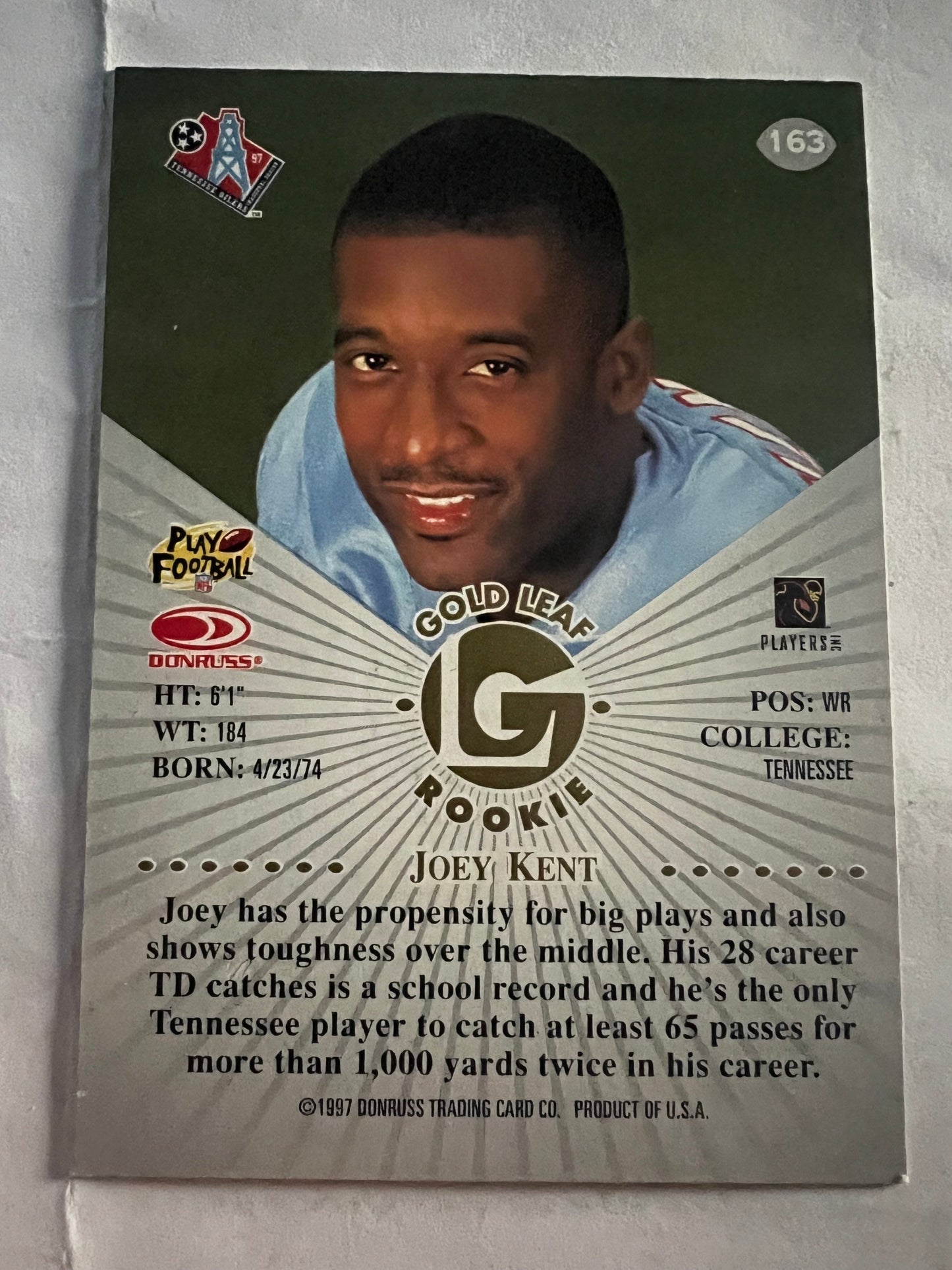 Joey Kent Tennessee Oilers #163 - 1997 Leaf